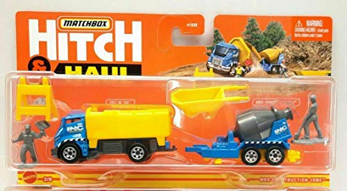 Matchbox Hitch & Haul MBX Construction Zone 2/8 (blau/gelb) - Tilt 'N Tip, MBX Zement Anhänger, Einstiegsschild, Zement Tray, Figur Man #1 und #2 von Matchbox