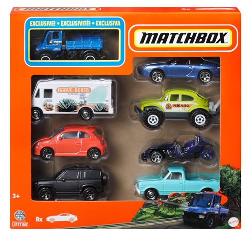 Matchbox-Satz mit 8 Die-Cast-Autos oder -Trucks im Maßstab 1:64, themenbezogenes Multipack, darunter 1 Exklusives Fahrzeug (Stile können abweichen), HVR81 von Matchbox