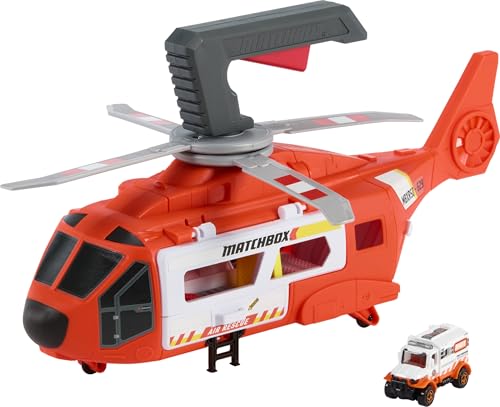 Matchbox Spielzeugauto und Spielset, 40 cm großer Hubschrauber, der Sich in Rettungsstation verwandelt lässt, durch das Kind antreibbarer Propeller, mit Die-Cast-Rettungswagen im Maßstab 1:64, HXM74 von Matchbox