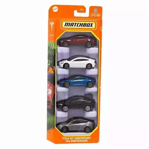 Matchbox Tesla 20th Anniversary 5er Pack, Maßstab 1:64, Modell S, Model 3, Model X, Model Y, 2020 Roadster von Matchbox