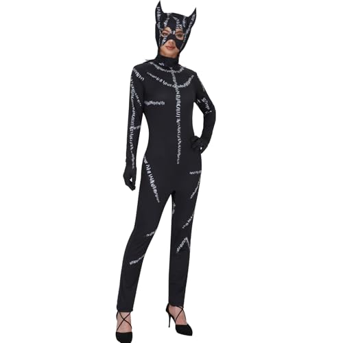 Schwarzes Catsuit-Kostüm für Damen, für Erwachsene, Mädchen, Halloween, Cosplay, Overall, Bodysuit, Maske, Katzenanzug (Größe M) von Materuis