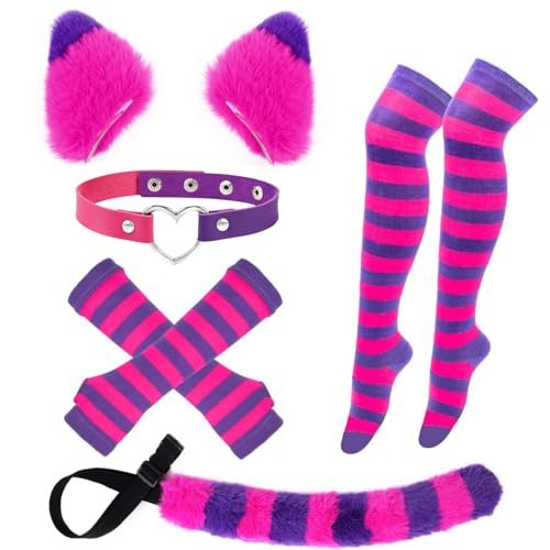 5-teiliges rosa und lila gestreiftes Katzenkostüm-Set mit Katzenohren, pelzigem Schwanz, gestreiften Socken und Lederhalsband für Mädchen und Damen, Halloween-Party-Verkleidungen, pink / violett, von Matiniy