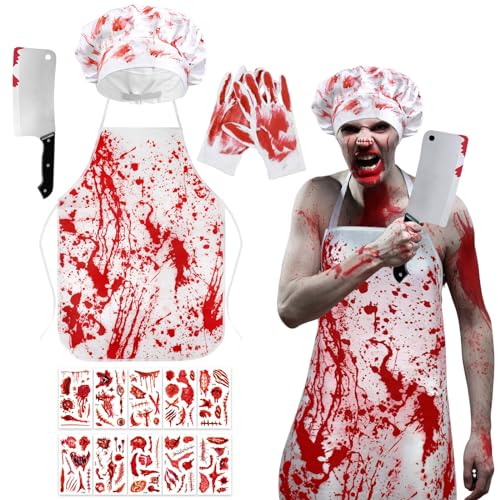 Matiniy Halloween Blutige Metzger-Kostüme, gruseliges Set enthält Kochschürze, Hut, Handschuhe, Messer, Tattoo-Aufkleber für Halloween-Outfit, Cosplay, Party, Zombie, Halloween, Partyzubehör, von Matiniy