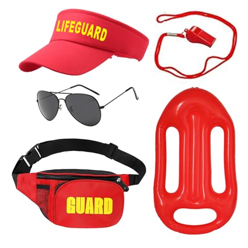 5 Stück Rettungsschwimmer Kostüm Set, Lifeguard Fasching Kostüm Herren Damen mit Rot Aufblasbare Rettungshilfe, Baywatch Kostüm Zubehör für Mottoparty von Matreeglam