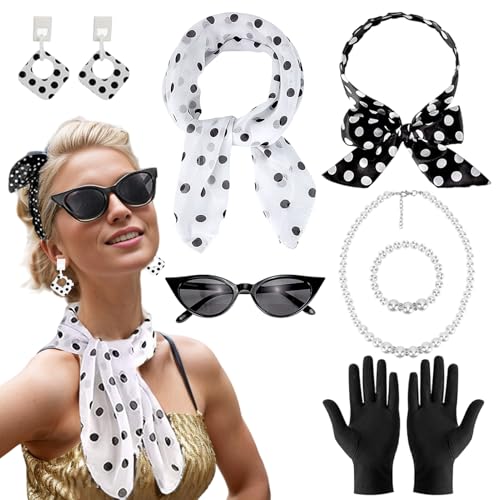 50er Jahre Kostüm Zubehör Damen, 7 Stück Rockabilly Accessoires, 1950s Kostüm Zubehör Set mit Brille Stirnband für Motoparty Retro Party (Stil 1) von Matreeglam