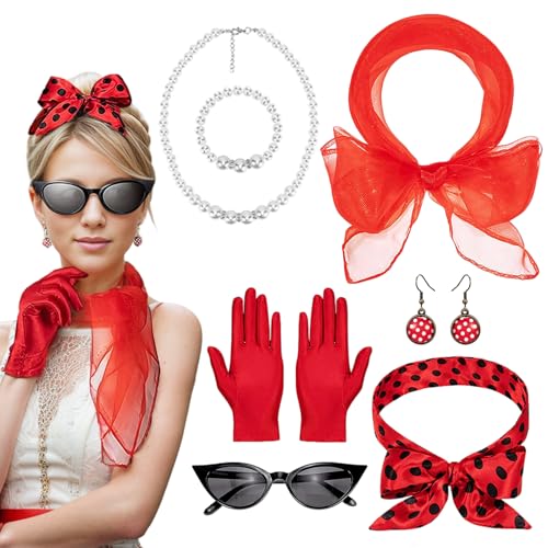 50er Jahre Kostüm Zubehör Damen, 7 Stück Rockabilly Accessoires, 1950s Kostüm Zubehör Set mit Brille Stirnband für Motoparty Retro Party (Stil 2) von Matreeglam