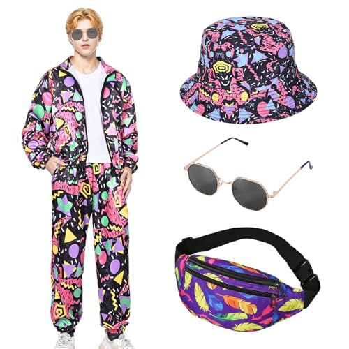 80er 90er Jahre Kostüm Herren, Retro Trainingsanzug Set mit Brille Fischerhut, Mode Disco Kleidung Outfit für Mottoparty (rosarot, 2XL) von Matreeglam