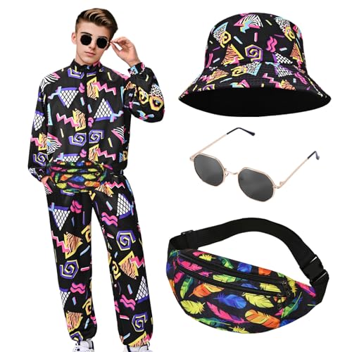 80er 90er Jahre Kostüm Herren, Retro Trainingsanzug Set mit Brille Fischerhut, Mode Disco Kleidung Outfit für Mottoparty (schwarz, 2XL) von Matreeglam