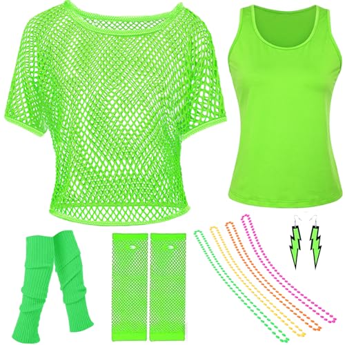 80er 90er Jahre Netzoberteil Damen, 80er Jahre Outfit Damen Set, Neon Netz Shirt Mädchen, Retro Kostüm Accessoire mit Netzhandschuhe Beinstulpen für Mottoparty Karneval Neon Party (Grün, 2XL) von Matreeglam