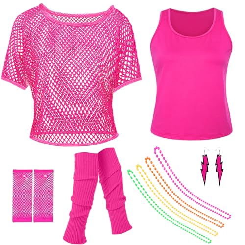 80er 90er Jahre Netzoberteil Damen, 80er Jahre Outfit Damen Set, Neon Netz Shirt Mädchen, Retro Kostüm Accessoire mit Netzhandschuhe Beinstulpen für Mottoparty Karneval Neon Party (Rosa, 2XL) von Matreeglam