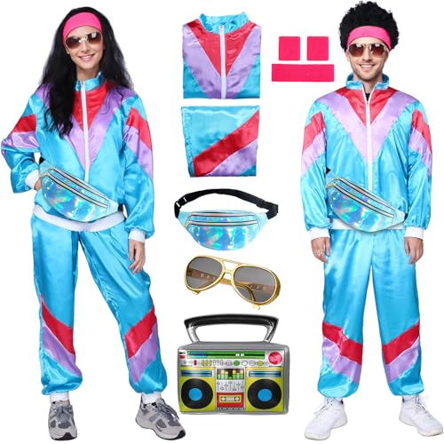 80er Jahre Outfit Damen Herren, Kostüm Trainingsanzug Jacke Hose, Anzug Kostüm 80er 90er Jahre Herren Damen Party Accessoires für Karneval Faschingskostüm (blau, 2XL) von Matreeglam