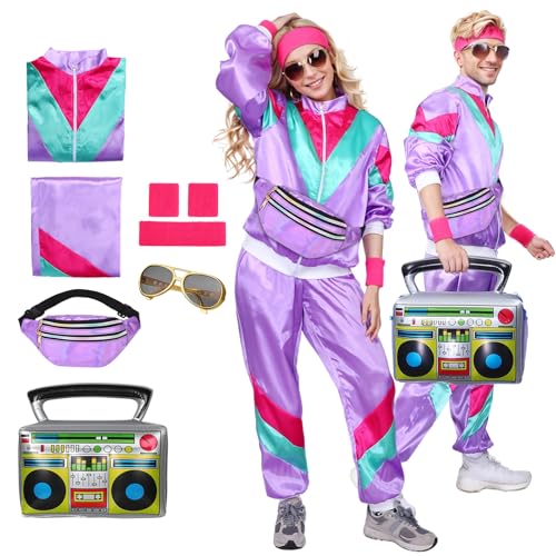 80er Jahre Outfit Damen Herren, Kostüm Trainingsanzug Jacke Hose, Anzug Kostüm 80er 90er Jahre Herren Damen Party Accessoires für Karneval Faschingskostüm (lila, 2XL) von Matreeglam