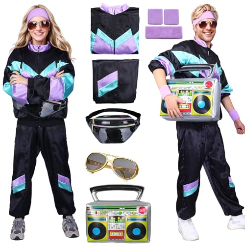 80er Jahre Outfit Damen Herren, Kostüm Trainingsanzug Jacke Hose, Anzug Kostüm 80er 90er Jahre Herren Damen Party Accessoires für Karneval Faschingskostüm (schwarz, 2XL) von Matreeglam