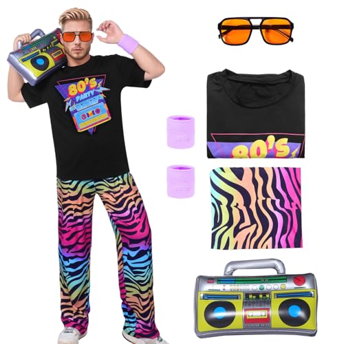 80er Jahre Outfit Herren, Hip Hop T-Shirt Hose mit Zebra Muster, 80 Jahre Kostüm Jogginghose für Faschingskostüme Karneval Mottoparty (schwarz, L) von Matreeglam