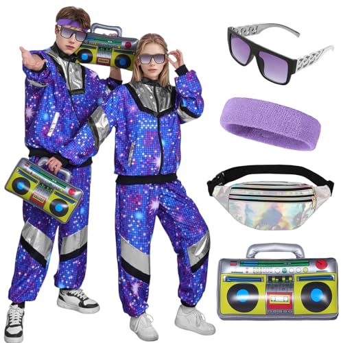 80er Jahre Trainingsanzug Kostüm Damen Herren, 80er 90er Jahre Retro Disco Jacke Hose, Jogginganzug Faschingskostüme für Halloween Mottoparty Karneval (blau, 2XL) von Matreeglam