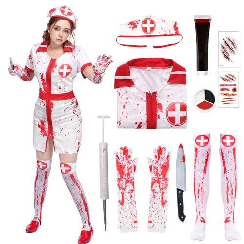 Blutige Krankenschwester Kostüm Damen Krankenschwester Kleid mit Hut Cosplay Kostüm für Halloween Verkleidung (Weiß, L) von Matreeglam