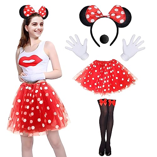 Damen Maus Mouse Kostüm, rote Tutu mit weiß Gepunktet, Haarreifen mit schwarz Ohren und rote Schleife, Cosply Kostüm Accessoire für Halloween Motto Party (Erwachsene B) von Matreeglam