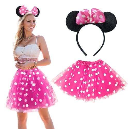 Damen Maus Mouse Kostüm, Tutu mit weiß Gepunktet, Haarreifen mit Ohren und Schleife, Cosply Kostüm Accessoire für Halloween Motto Party (Pink) von Matreeglam