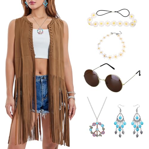 Hippie Kostüm Set Damen mit braun Fransen ärmellos lange Weste Kleidung, 60er 70er Jahre Hippie Accessoires, Fransenwest, Sonnenbrille, Stirnband, Faschingskostüm für Disco Halloween (braun, L) von Matreeglam