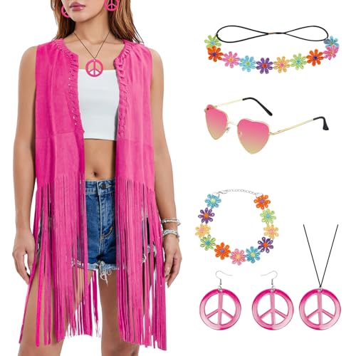 Hippie Kostüm Set Damen mit rosa Fransen ärmellos lange Weste Kleidung, 60er 70er Jahre Hippie Accessoires, Fransenwest, Sonnenbrille, Stirnband, Faschingskostüm für Disco Halloween (rosa, 2XL) von Matreeglam