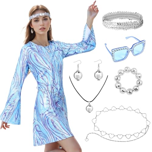 Hippie Kostüm Set für Damen, Retro Kleidung Frauen mit Kleid Stirnband Sonnenbrillen Haarschmuck, 60er 70er Party für Karneval, Cosplay Fasching Kostüme (Blau, 2XL) von Matreeglam