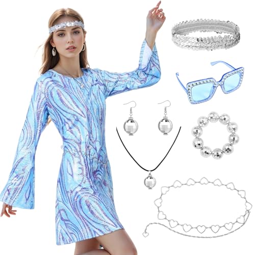 Hippie Kostüm Set für Damen, Retro Kleidung Frauen mit Kleid Stirnband Sonnenbrillen Haarschmuck, 60er 70er Party für Karneval, Cosplay Fasching Kostüme (Blau, M) von Matreeglam