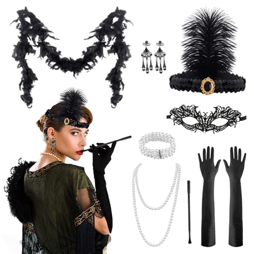 Matreeglam 1920er Jahre Flapper Great Gatsby Accessoires Set für Damen, 8 Stück 20er Jahre Thema Flapper Kostüm Gatsby Accessoires Set mit Retro Stirnband Fasching Zubehör für Weihnachten Karneval von Matreeglam