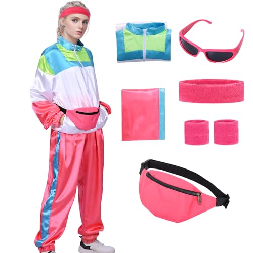 Matreeglam 80er 90er Jahre Muschelanzug Kostüm Set Damen Herren, Retro Trainingsanzug Verkleidung mit Brille Stirnband Armbänder für Karneval Party Halloween (Rosa, 2XL) von Matreeglam