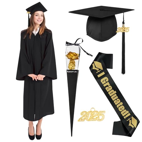 Matreeglam Abschluss Talar mit Doktorhut, 2025 Abschluss Robe, Schwarz Graduation Robe, Quaste 2025, Uni Abschluss Kleid für Hochschule/Abitur/Bachelor/Master Abschlussfeier, Unisex (schwarz, S) von Matreeglam