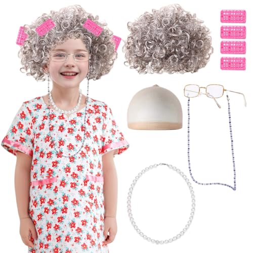 Matreeglam Alter Mann Alte Frauen Kostüm Zubehör für Kinder 100 Tage Schule Opa Kostüm Set Alte Dame Verkleidung Outfit für Karneval Party Welttag des Buches (Stil 2) von Matreeglam