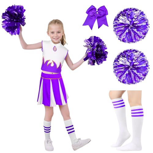 Matreeglam Cheerleader Karneval Kostüm für Mädchen, Cheerleading Kostüme, Kinderkleid, Outfit Uniform mit Pompons, Socken, Kinder Cheer Outfit Karneval Verkleidung (Lila, 120) von Matreeglam