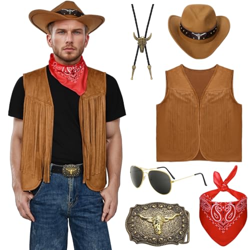 Matreeglam Cowboy Kostüm für Herren, Western Cowboy Kostüm Set mit Fransenweste Hut Halstuch Brille, Herren Hippie Kostüm für Karneval Halloween Cosplay (braun, 2XL) von Matreeglam