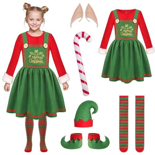 Matreeglam Elfenkostüm für Weihnachten und Kinder, Elfenkostüm, Weihnachtself, Set mit Hut, Socken, Elfen-Cosplay-Kostüm für Weihnachten, Karneval, Party (Mädchen, 110) von Matreeglam