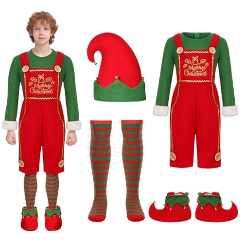 Matreeglam Elfenkostüm für Weihnachten und Kinder, Elfenkostüm für Jungen und Mädchen, Weihnachtself, Set mit Hut, Socken, Elfen-Cosplay-Kostüm für Weihnachten, Karneval, Party (Kinder, 120) von Matreeglam