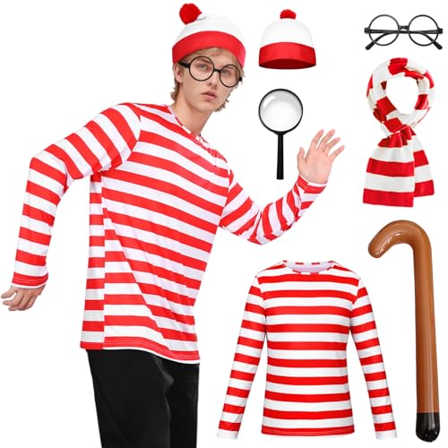 Matreeglam Erwachsenenkostüm, rot-weiß gestreiftes Oberteil mit Schal, Mütze, Brille, Faschingskostüm-Set für Halloween, Weihnachten, Cosplay, Party, Herren, Größe XXL von Matreeglam