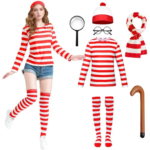 Matreeglam Erwachsenenkostüm, rot-weiß gestreiftes Oberteil mit Schal, Mütze, Brille, Faschingskostüm-Set für Halloween, Weihnachten, Cosplay, Party (Damen, L) von Matreeglam