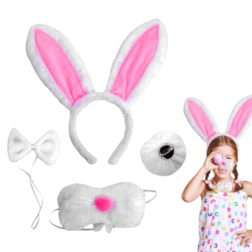 Matreeglam Hasenohren Haarreif Set, Ostern Hasenohren Stirnband mit Fliege Schwanz, Bunny Kostüm Zubehör für Damen Mädchen Ostern Karneval Cosplay Party (weiß) von Matreeglam