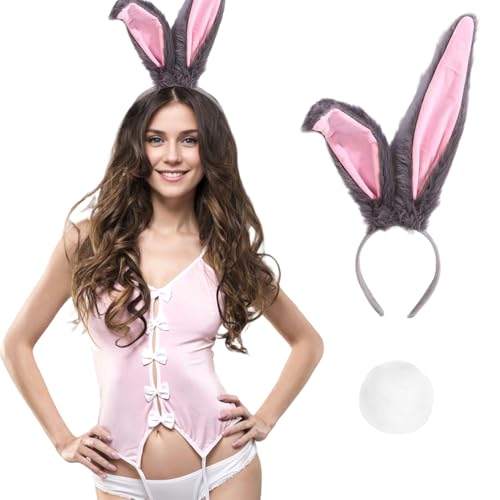 Matreeglam Hasenohren Haarreif Set Erwachsene Kinder, Plüsch Stirnbänder Hase Ohren Haarbänder für Damen Mädchen Ostern Karneval Cosplay (grau) von Matreeglam