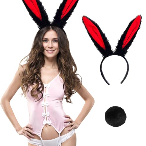 Matreeglam Hasenohren Haarreif Set Erwachsene Kinder, Plüsch Stirnbänder Hase Ohren Haarbänder für Damen Mädchen Ostern Karneval Cosplay (schwarz) von Matreeglam