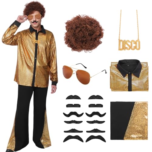 Matreeglam Herren 70er Jahre Disco Kostüm Disco Hippie Kostüm mit Hippie Zubehör 70er Jahre Disco Outfit Retro Hemd Flares für 1970er Jahre Dress Up Kostüme Karneval Pary (Golden, 2XL) von Matreeglam