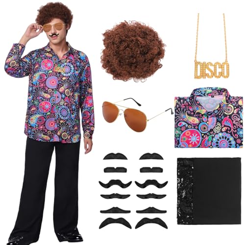 Matreeglam Herren 70er Jahre Disco Kostüm Disco Hippie Kostüm mit Hippie Zubehör 70er Jahre Disco Outfit Retro Hemd Flares für 1970er Jahre Dress Up Kostüme Karneval Pary (Schwarz, 2XL) von Matreeglam