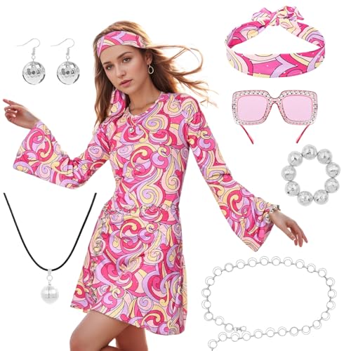 Matreeglam Hippie Kostüm Set für Damen, Retro Kleidung Frauen mit Kleid Stirnband Sonnenbrillen Haarschmuck, 60er 70er Party für Karneval, Cosplay Fasching Kostüme (Rosa, 2XL) von Matreeglam