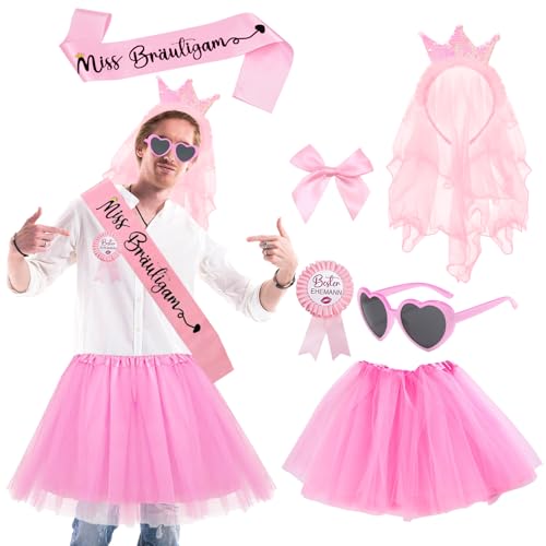 Matreeglam JGA Kostüm Set Männer, Tutu-Kleid mit „Miss Bräutigam“ Schärpe, Junggesellenabschied Kostüm Zubehör für Hochzeit (rosa) von Matreeglam