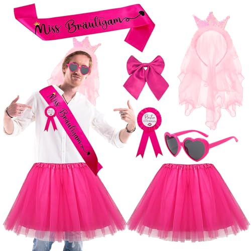 Matreeglam JGA Kostüm Set Männer, Tutu-Kleid mit „Miss Bräutigam“ Schärpe, Junggesellenabschied Kostüm Zubehör für Hochzeit (rosenrot) von Matreeglam