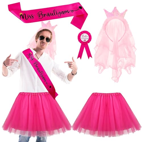 Matreeglam Männer JGA Kostüm Set, Rose Tutu-Kleid mit „Miss Bräutigam“ Schärpe, Junggesellenabschied Kostüm Zubehör für Hochzeit von Matreeglam