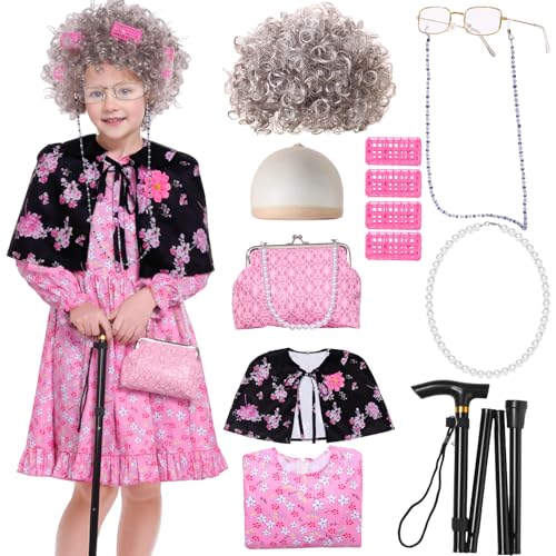 Matreeglam Oma Alte Frau Kostüm mit Perücke für Kinder Mädchen (rosa, 120) von Matreeglam