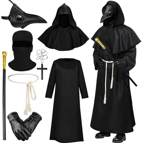 Matreeglam Pestarzt Kostüm Erwachsene, Zauberer Kapuzenumhang mit Vogel Schnabel Maske, Priester Robe, Mittelalter Cosplay Kostüme für Halloween (S) von Matreeglam