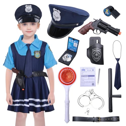 Matreeglam Polizei Kostüm Kinder Mädchen, Polizistin Kostüm, Polizei Ausrüstung Spielzeug, Kinderkostüm Polizistin für Karneval Halloween Cosplay Mottopartys (blau, 110) von Matreeglam