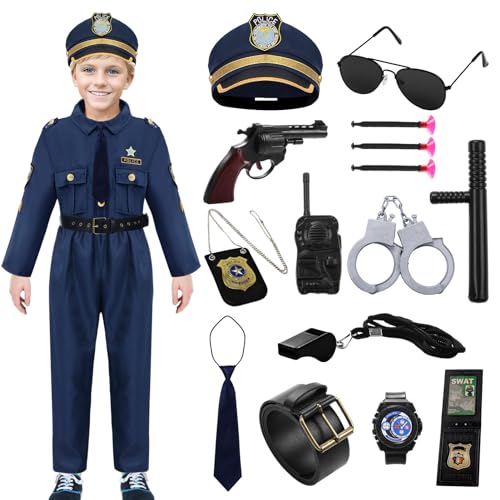 Matreeglam Polizist Kostüm für Kinder, Polizeikostüm Rollenspiel Set Jungen, Polizei Ausrüstung Spielzeug mit Trillerpfeife Walkie-Talkie, Cosplay Kostüm für Faschingskostüme Karneval Halloween (XS) von Matreeglam