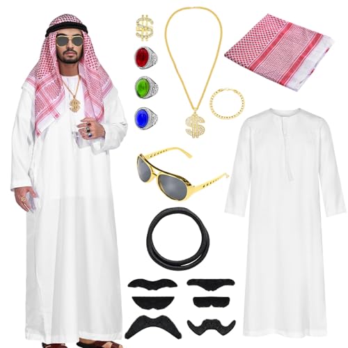 Matreeglam Scheich Kostüm für Herren Kinder, Araber Kostüm mit Kopftuch, Arabisches Weißes Gewand, Faschingskostüme Männer Jungen für Karneval Cosplay Party (Erwachsener, 2XL) von Matreeglam